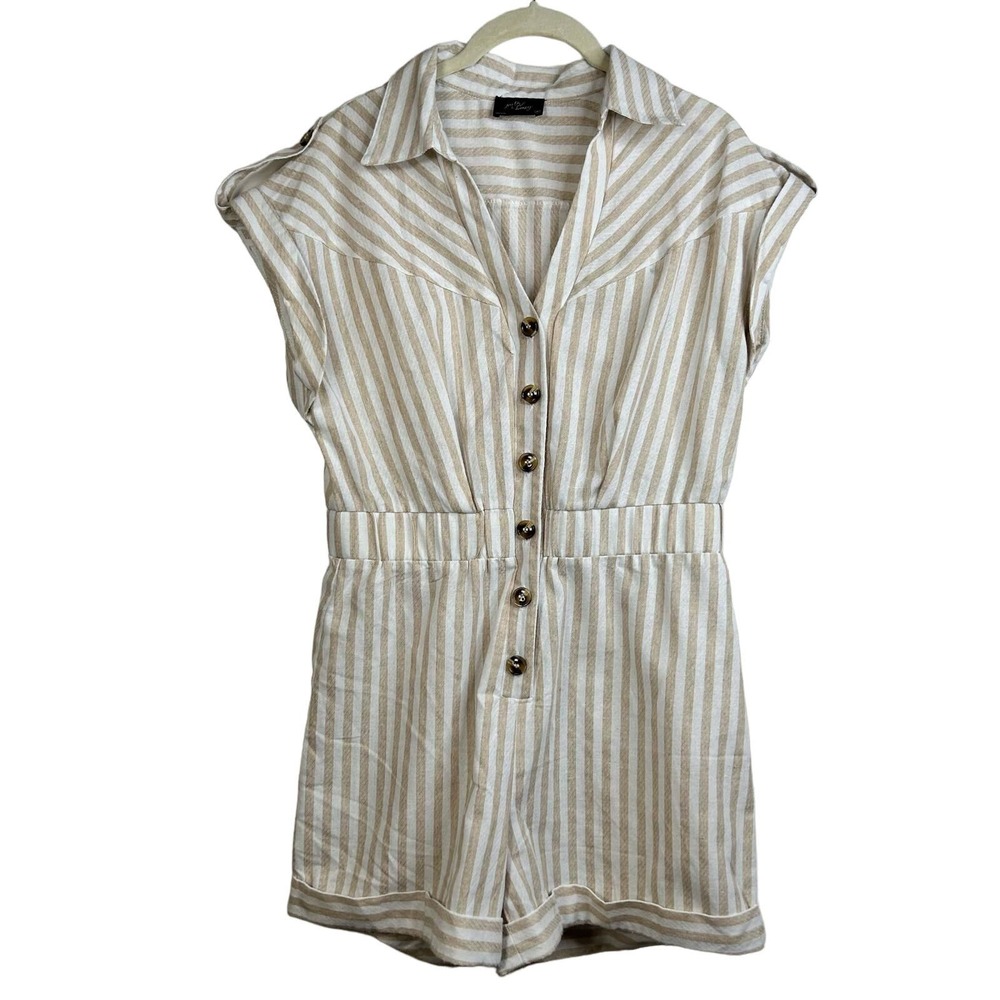 Milk & Honey Tan Cream Stripe Beach 100% Cotton Elastic Waist Romper Womens Med - Picture 1 of 10